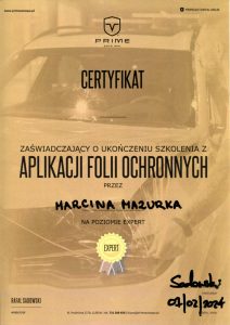 Certyfikat - aplikacja folii ochronnych expert - Marcin